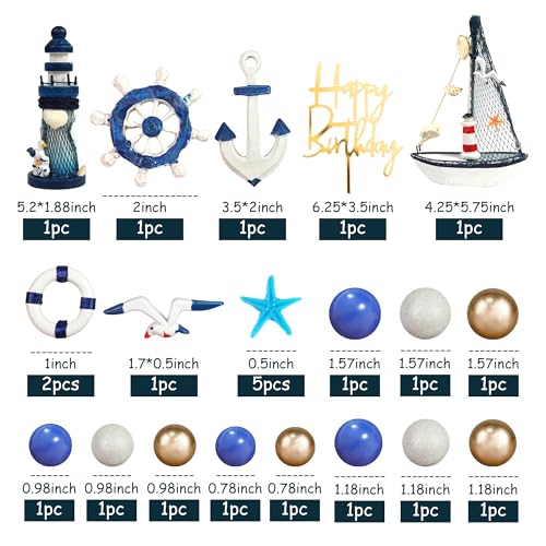 DRWATE Nautical Cake Topper Set with Ship, Lighthouse, Seagulls & Anchor for Nautical Birthday Cakes (24 Pieces, Style 01)