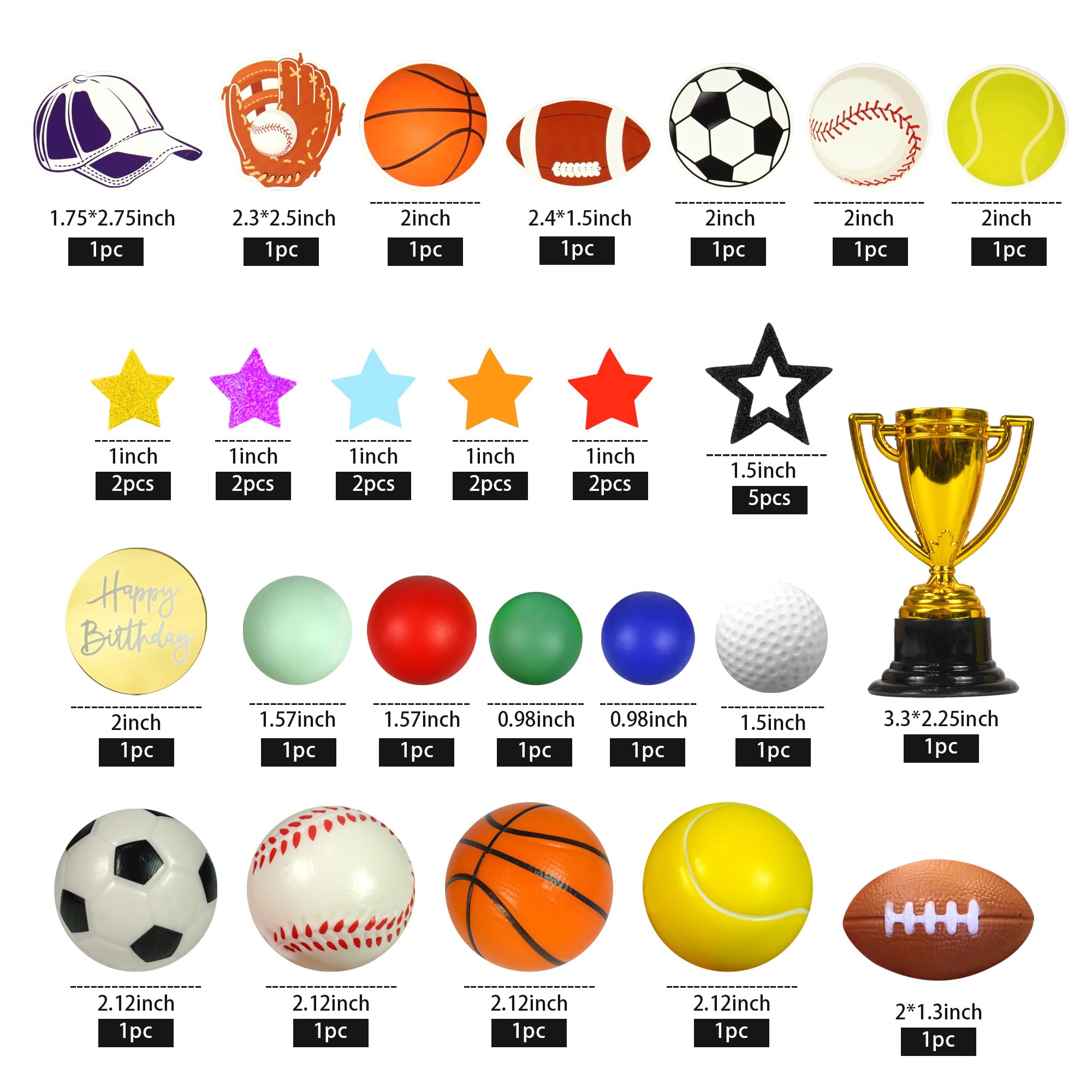 DRWATE Sports Cake Toppers Set - 37-Piece Multicolor Sports Theme Party Decorations