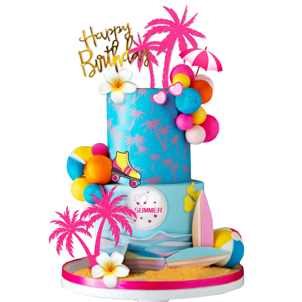 DRWATE Summer Hawaiian Cake Topper Set - 29 Pieces with Surfboard, Beach Ball, and Acrylic Happy Birthday Topper