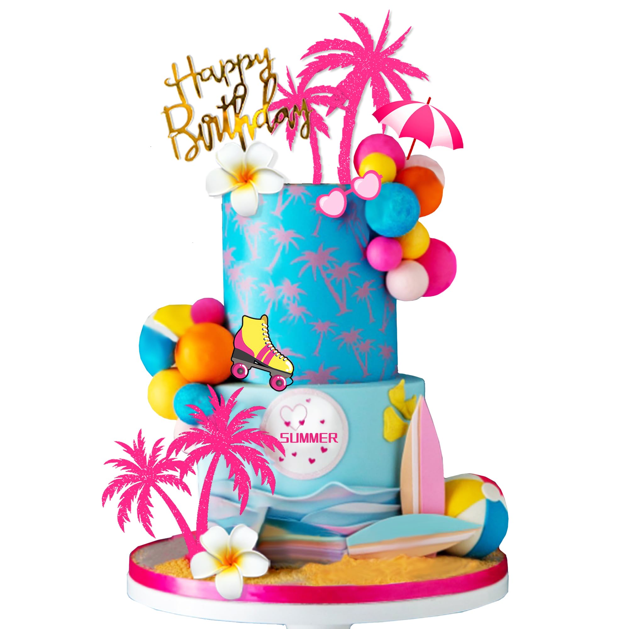 DRWATE Summer Hawaiian Cake Topper Set - 29 Pieces with Surfboard, Beach Ball, and Acrylic Happy Birthday Topper