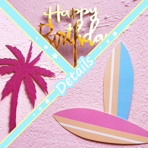 DRWATE Summer Hawaiian Cake Topper Set - 29 Pieces with Surfboard, Beach Ball, and Acrylic Happy Birthday Topper