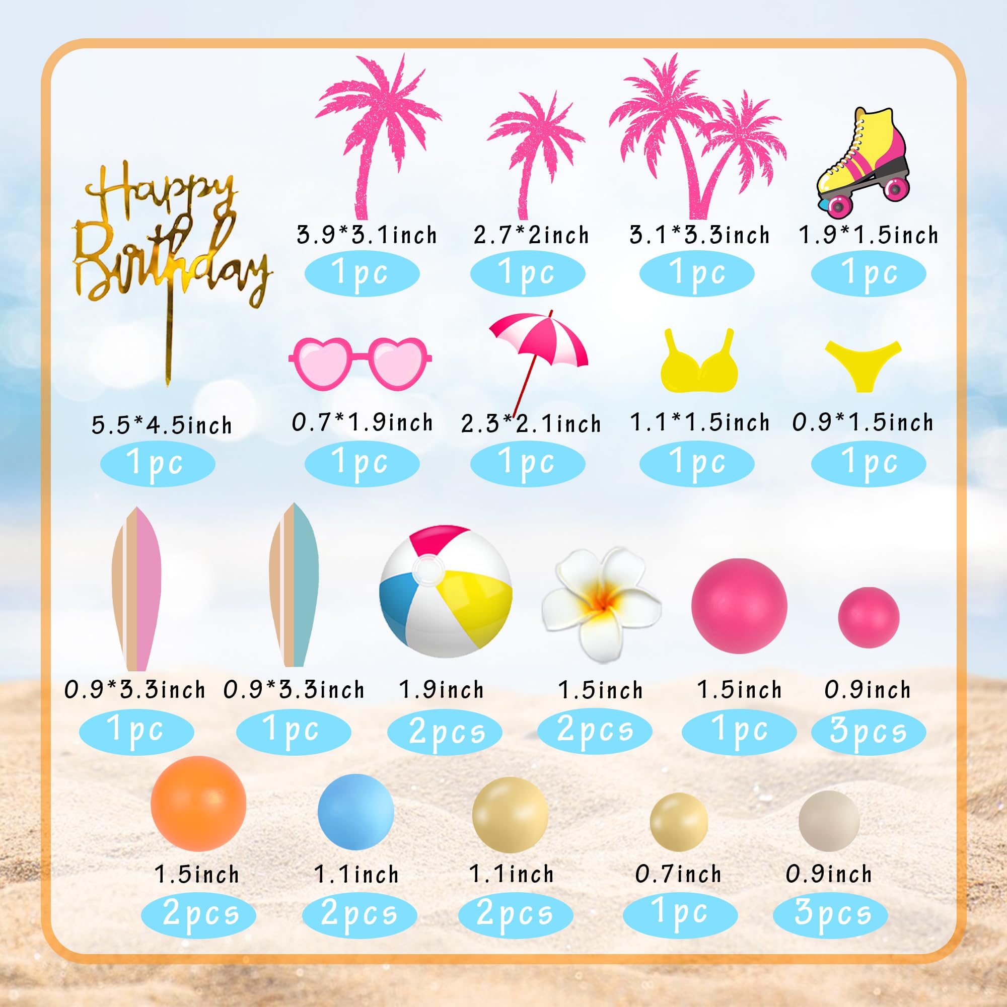 DRWATE Summer Hawaiian Cake Topper Set - 29 Pieces with Surfboard, Beach Ball, and Acrylic Happy Birthday Topper