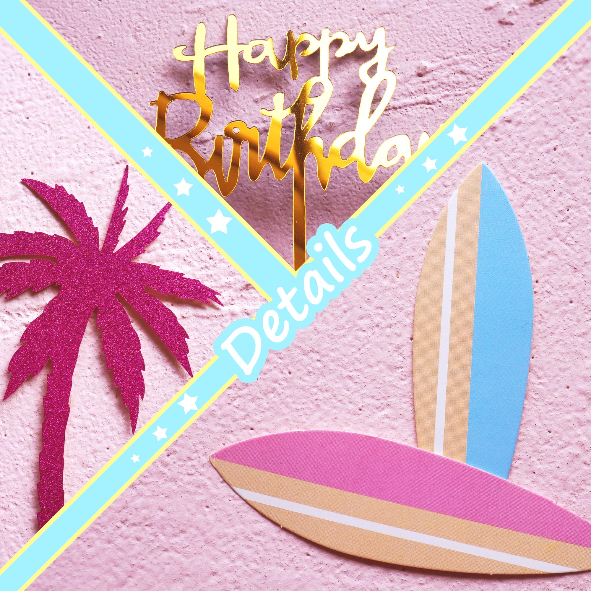 DRWATE Summer Hawaiian Cake Topper Set - 29 Pieces with Surfboard, Beach Ball, and Acrylic Happy Birthday Topper