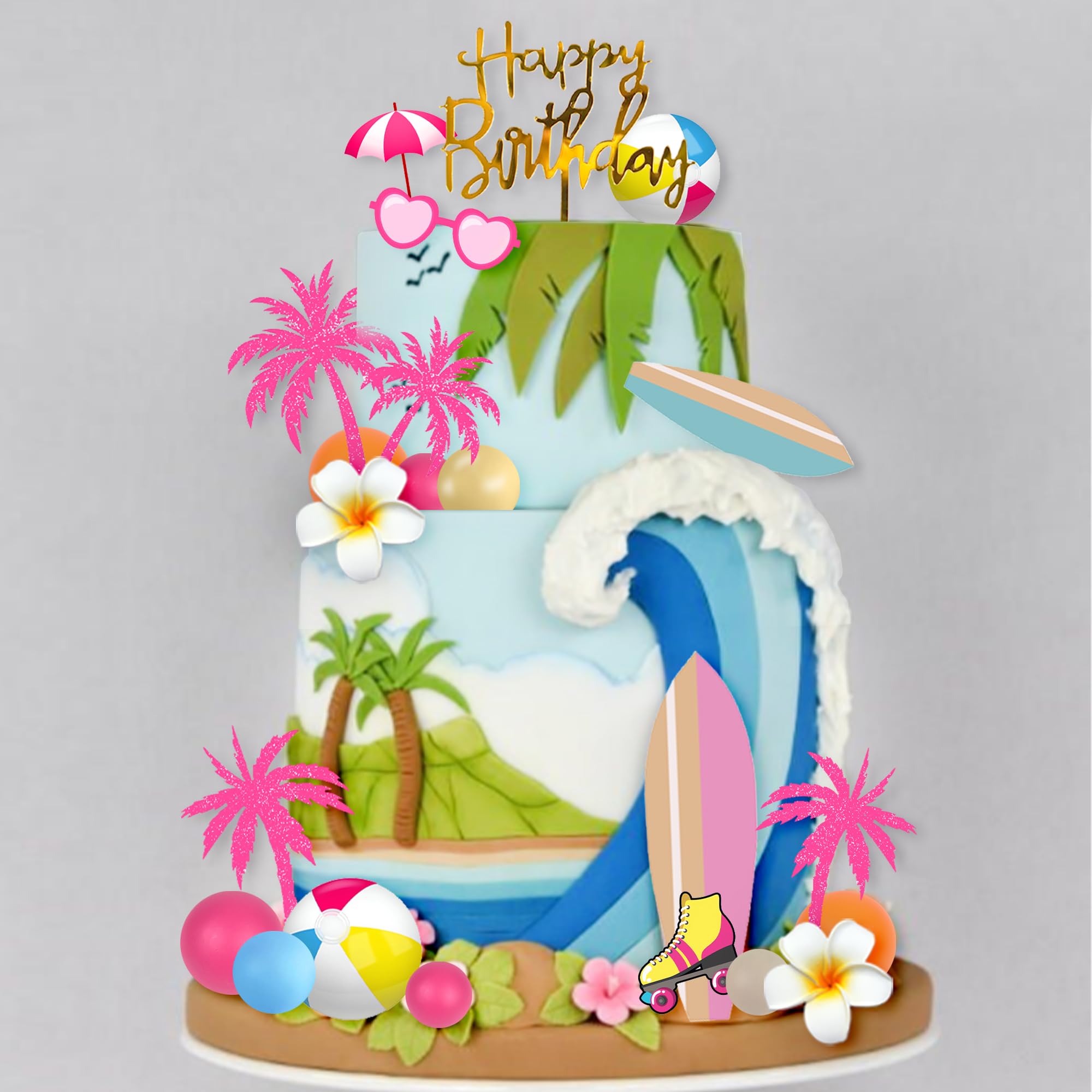 DRWATE Summer Hawaiian Cake Topper Set - 29 Pieces with Surfboard, Beach Ball, and Acrylic Happy Birthday Topper