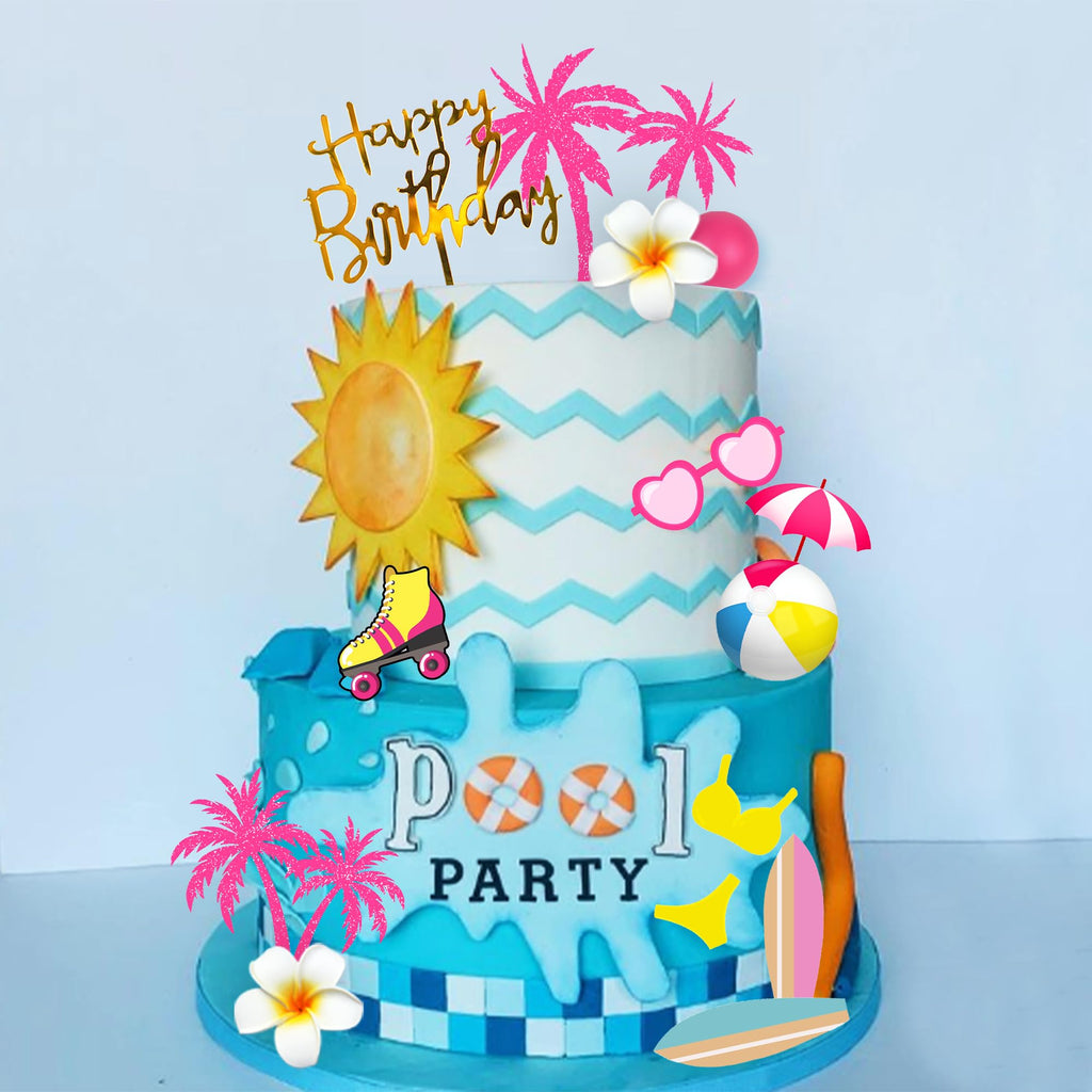 DRWATE Summer Hawaiian Cake Topper Set - 29 Pieces with Surfboard, Beach Ball, and Acrylic Happy Birthday Topper