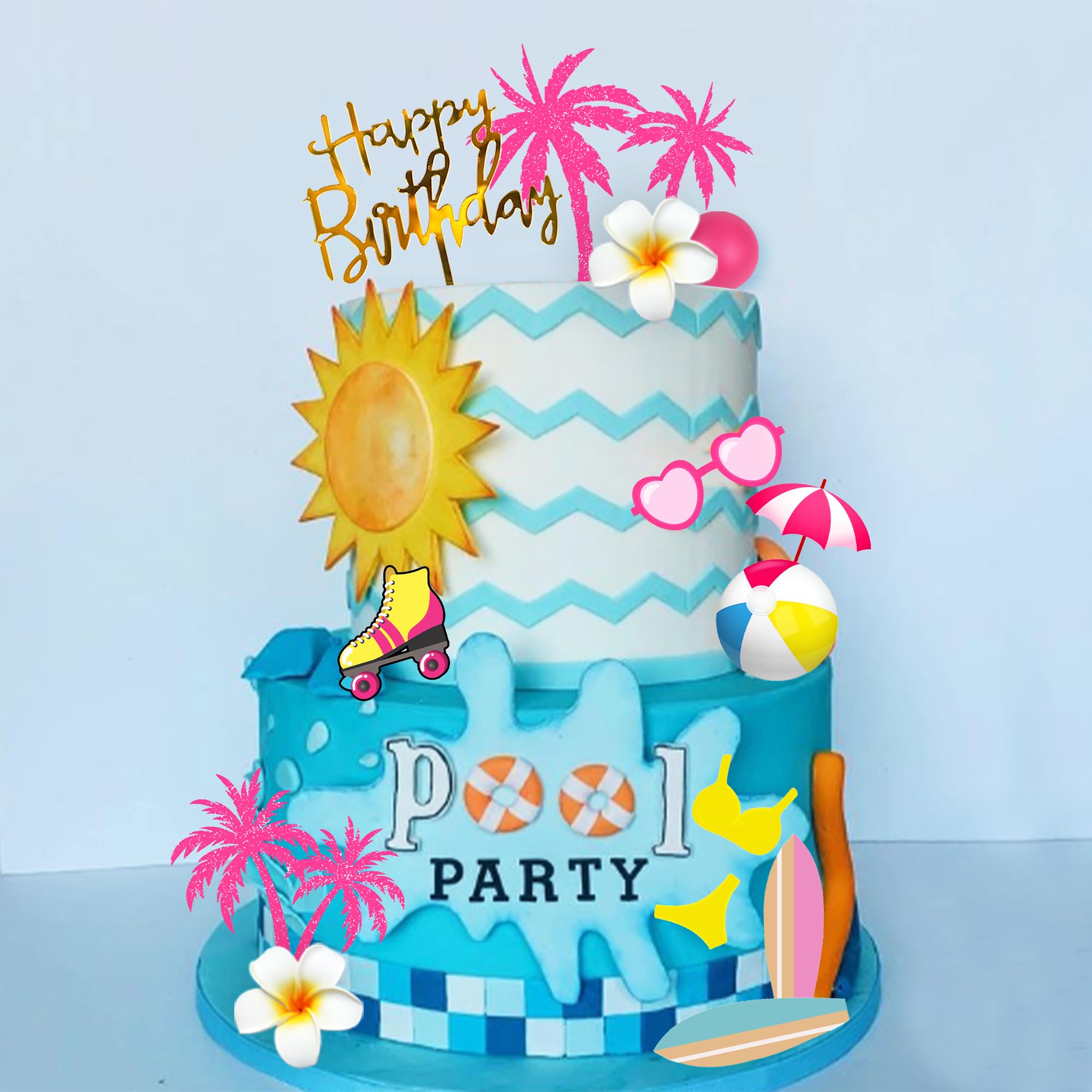 DRWATE Summer Hawaiian Cake Topper Set - 29 Pieces with Surfboard, Beach Ball, and Acrylic Happy Birthday Topper