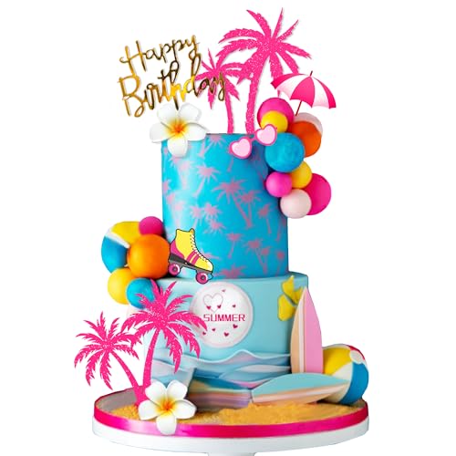 DRWATE Summer Hawaiian Cake Topper Set - 29 Pieces with Surfboard, Beach Ball, and Acrylic Happy Birthday Topper