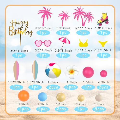 DRWATE Summer Hawaiian Cake Topper Set - 29 Pieces with Surfboard, Beach Ball, and Acrylic Happy Birthday Topper