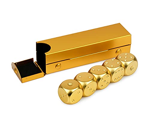 DS. Distinctive Style 5-Piece 16mm Aluminum Alloy Metal Dice Set with Portable Case – Gold