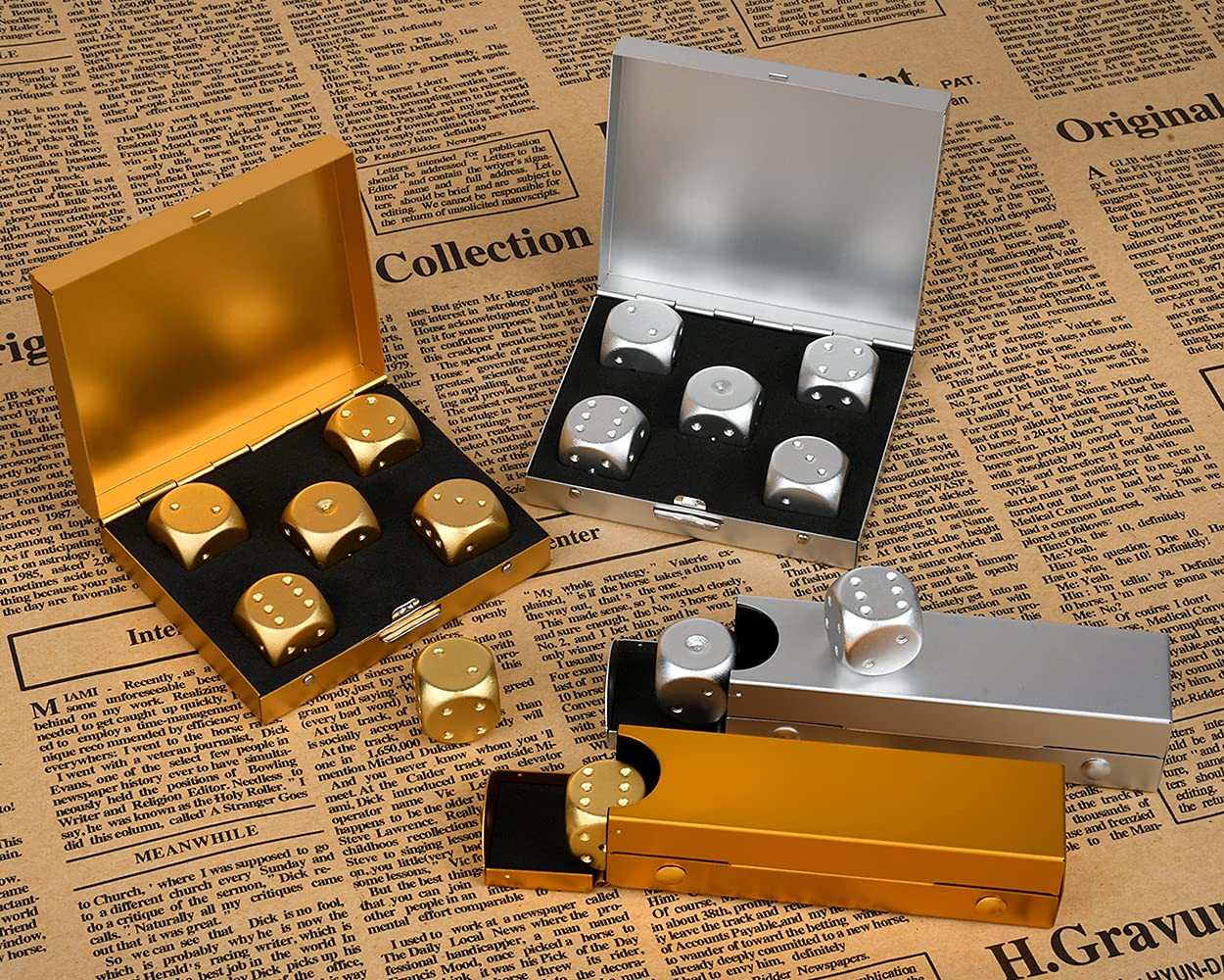 DS. Distinctive Style 5-Piece 16mm Aluminum Alloy Metal Dice Set with Portable Case – Gold