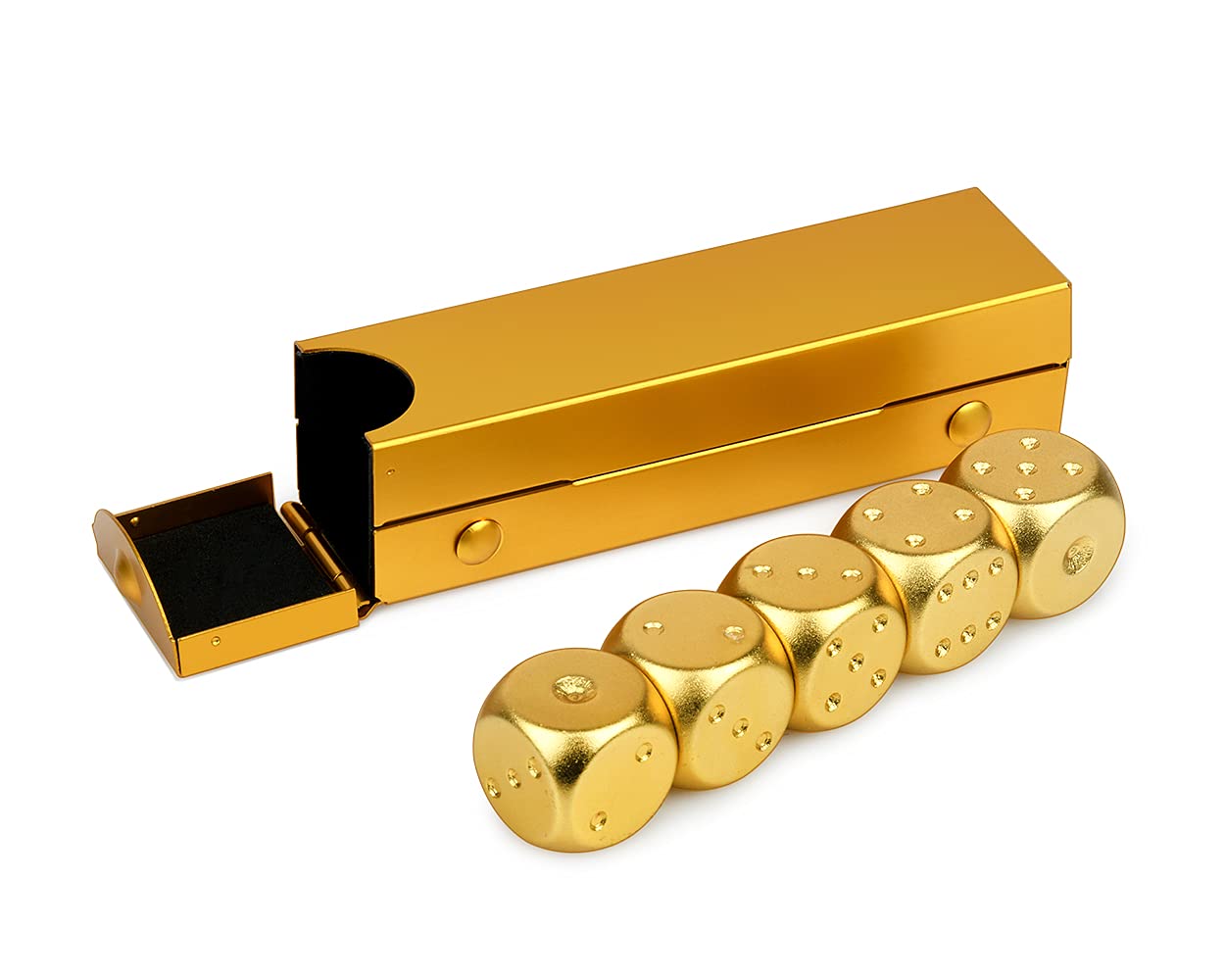 DS. Distinctive Style 5-Piece 16mm Aluminum Alloy Metal Dice Set with Portable Case – Gold