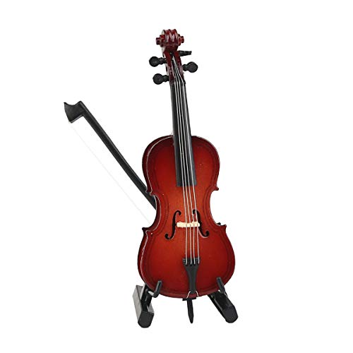 Dselvgvu Miniature Cello Replica – Wooden Dollhouse Decoration with Stand, Bow, and Case (Burgundy, 3.94 Inches)