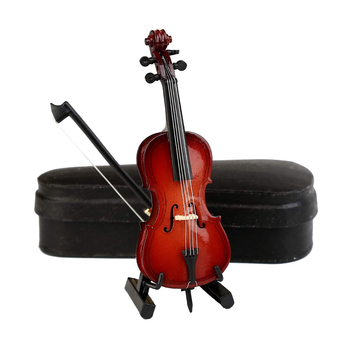 Dselvgvu Miniature Cello Replica – Wooden Dollhouse Decoration with Stand, Bow, and Case (Burgundy, 3.94 Inches)