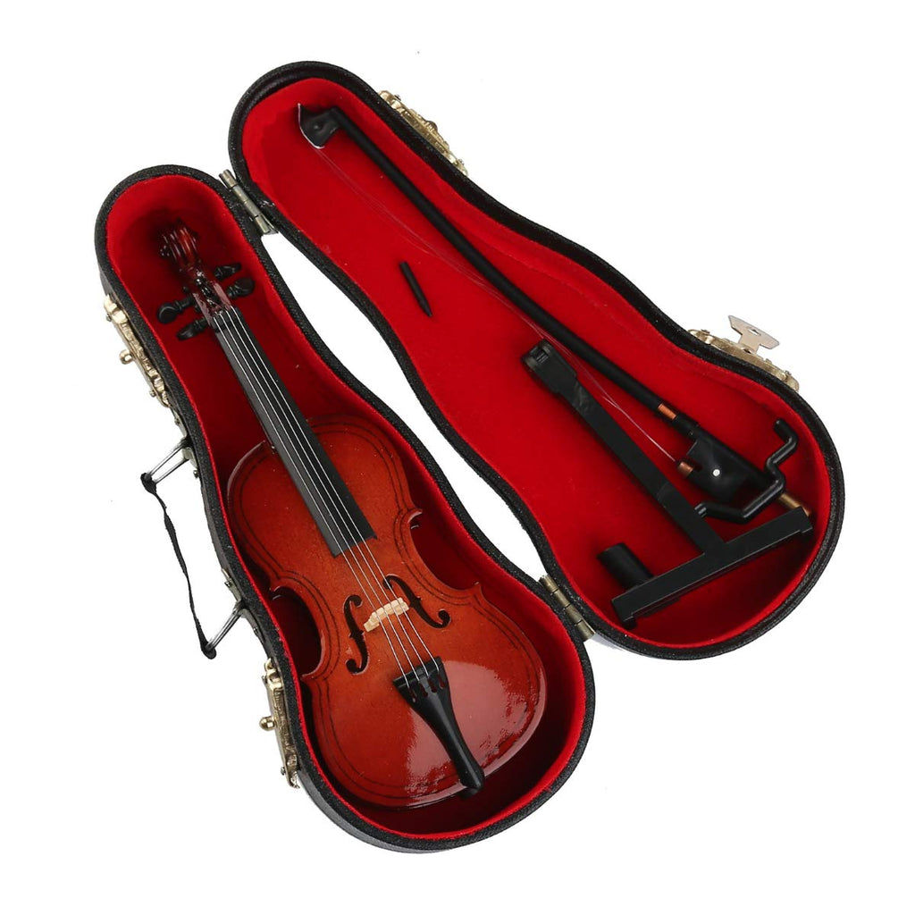 Dselvgvu Miniature Cello Replica – Wooden Dollhouse Decoration with Stand, Bow, and Case (Burgundy, 3.94 Inches)
