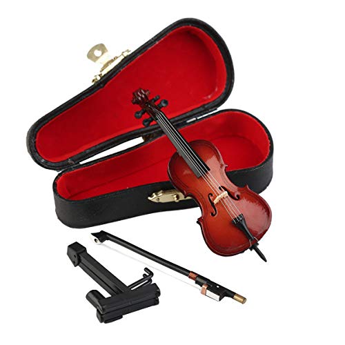 Dselvgvu Miniature Cello Replica – Wooden Dollhouse Decoration with Stand, Bow, and Case (Burgundy, 3.94 Inches)