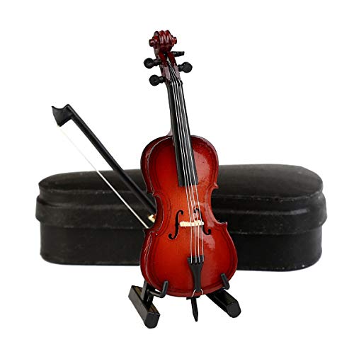 Dselvgvu Miniature Cello Replica – Wooden Dollhouse Decoration with Stand, Bow, and Case (Burgundy, 3.94 Inches)
