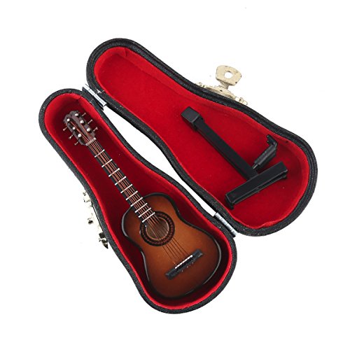 Dselvgvu Wooden Miniature Guitar Replica - Brown 6-String Collectible with Stand and Case