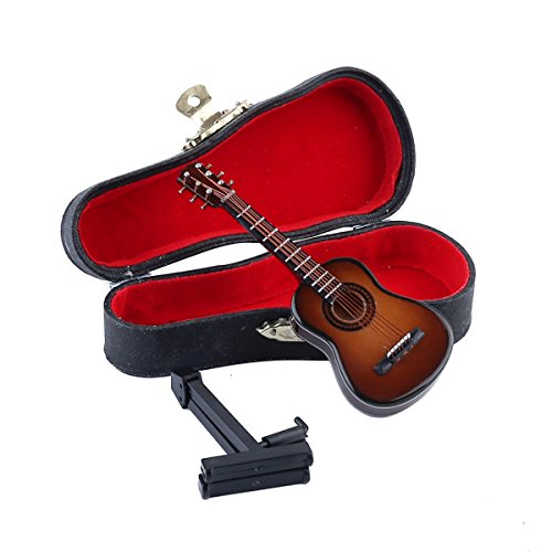 Dselvgvu Wooden Miniature Guitar Replica - Brown 6-String Collectible with Stand and Case