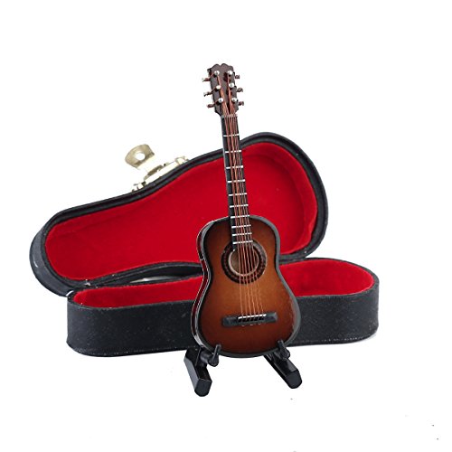Dselvgvu Wooden Miniature Guitar Replica - Brown 6-String Collectible with Stand and Case