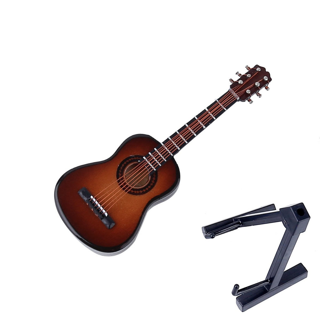 Dselvgvu Wooden Miniature Guitar Replica - Brown 6-String Collectible with Stand and Case