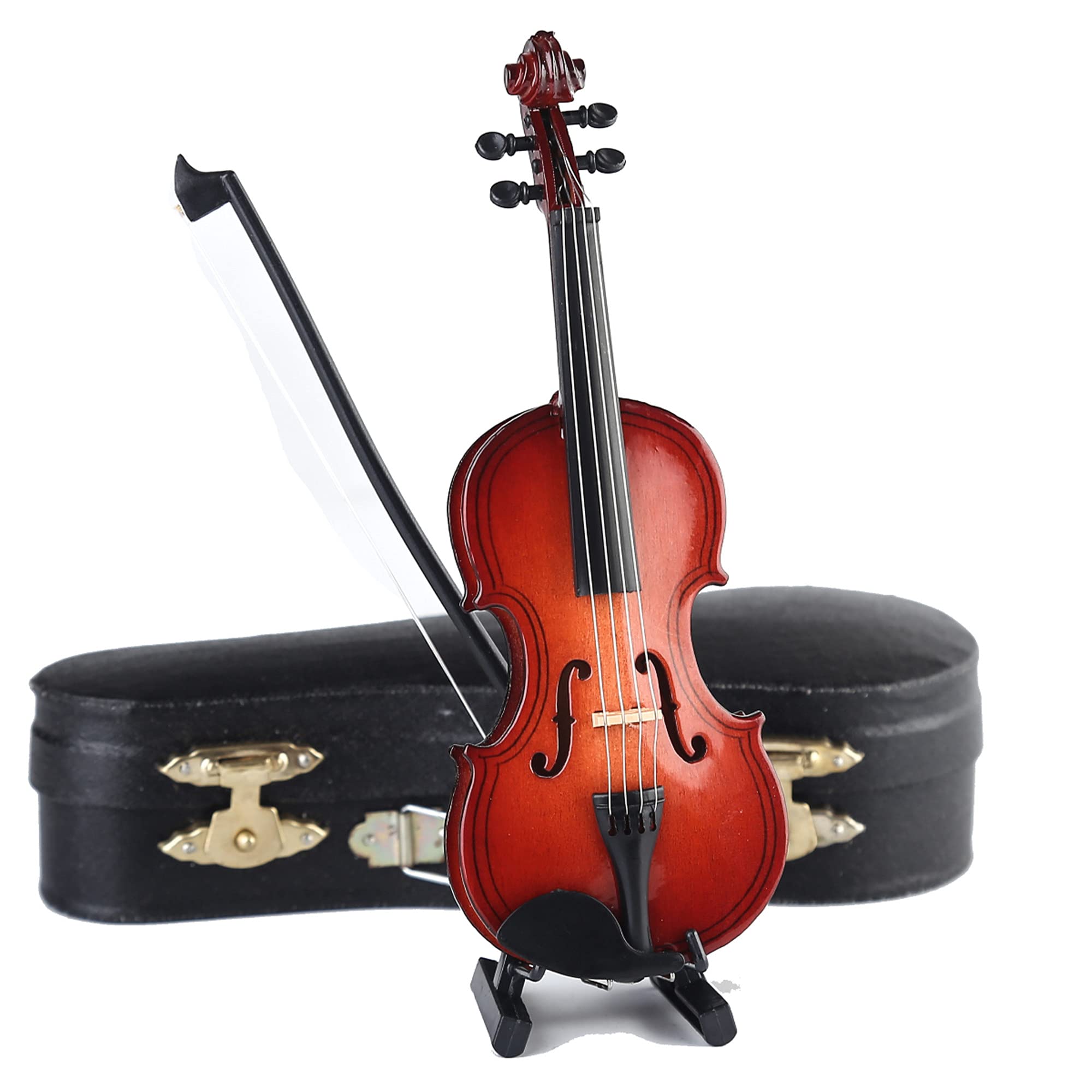 Dselvgvu Wooden Miniature Violin Replica with Stand, Bow, and Case – Non-Playable Collectible (5.63 Inches)