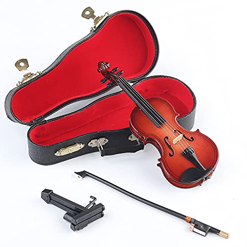 Dselvgvu Wooden Miniature Violin Replica with Stand, Bow, and Case – Non-Playable Collectible (5.63 Inches)