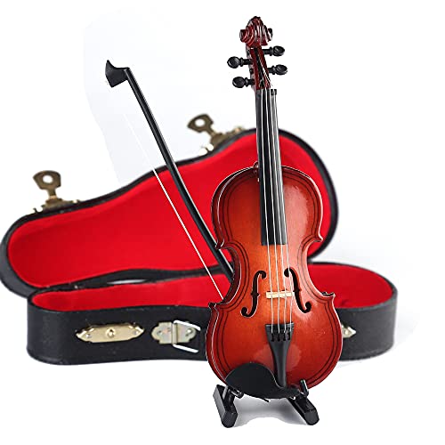 Dselvgvu Wooden Miniature Violin Replica with Stand, Bow, and Case – Non-Playable Collectible (5.63 Inches)