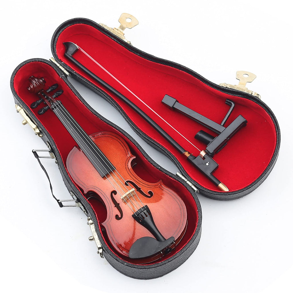 Dselvgvu Wooden Miniature Violin Replica with Stand, Bow, and Case – Non-Playable Collectible (5.63 Inches)