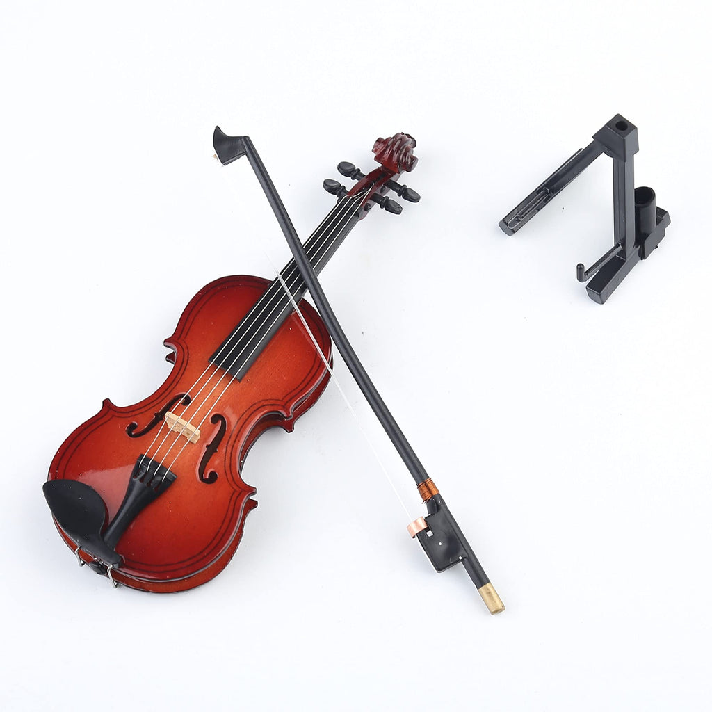 Dselvgvu Wooden Miniature Violin Replica with Stand, Bow, and Case – Non-Playable Collectible (5.63 Inches)