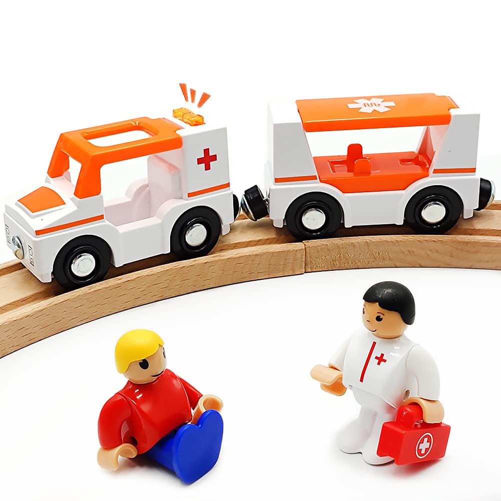 DSHMIXIA Magnetic Train Cars Playset with Ambulance - Wooden Track Compatible, Includes 2 Cars, Figures & Dog, Light and Sound