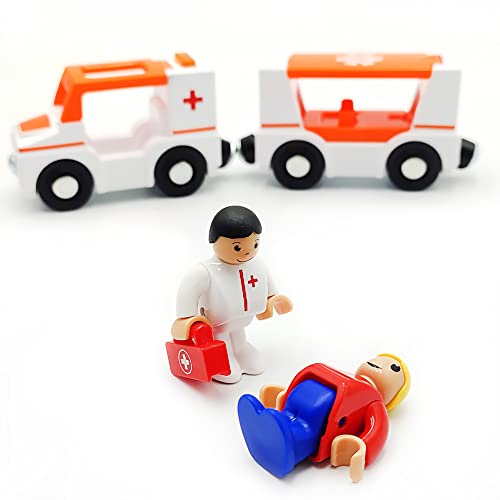 DSHMIXIA Magnetic Train Cars Playset with Ambulance - Wooden Track Compatible, Includes 2 Cars, Figures & Dog, Light and Sound