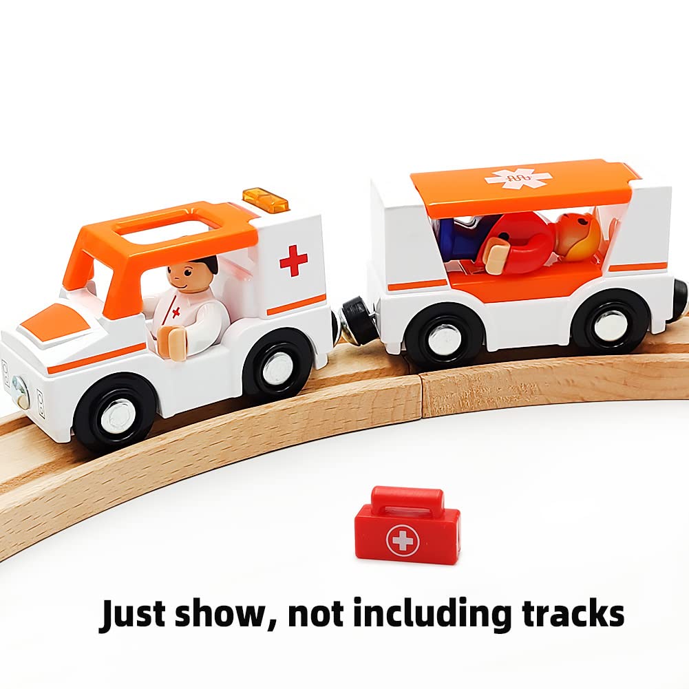 DSHMIXIA Magnetic Train Cars Playset with Ambulance - Wooden Track Compatible, Includes 2 Cars, Figures & Dog, Light and Sound