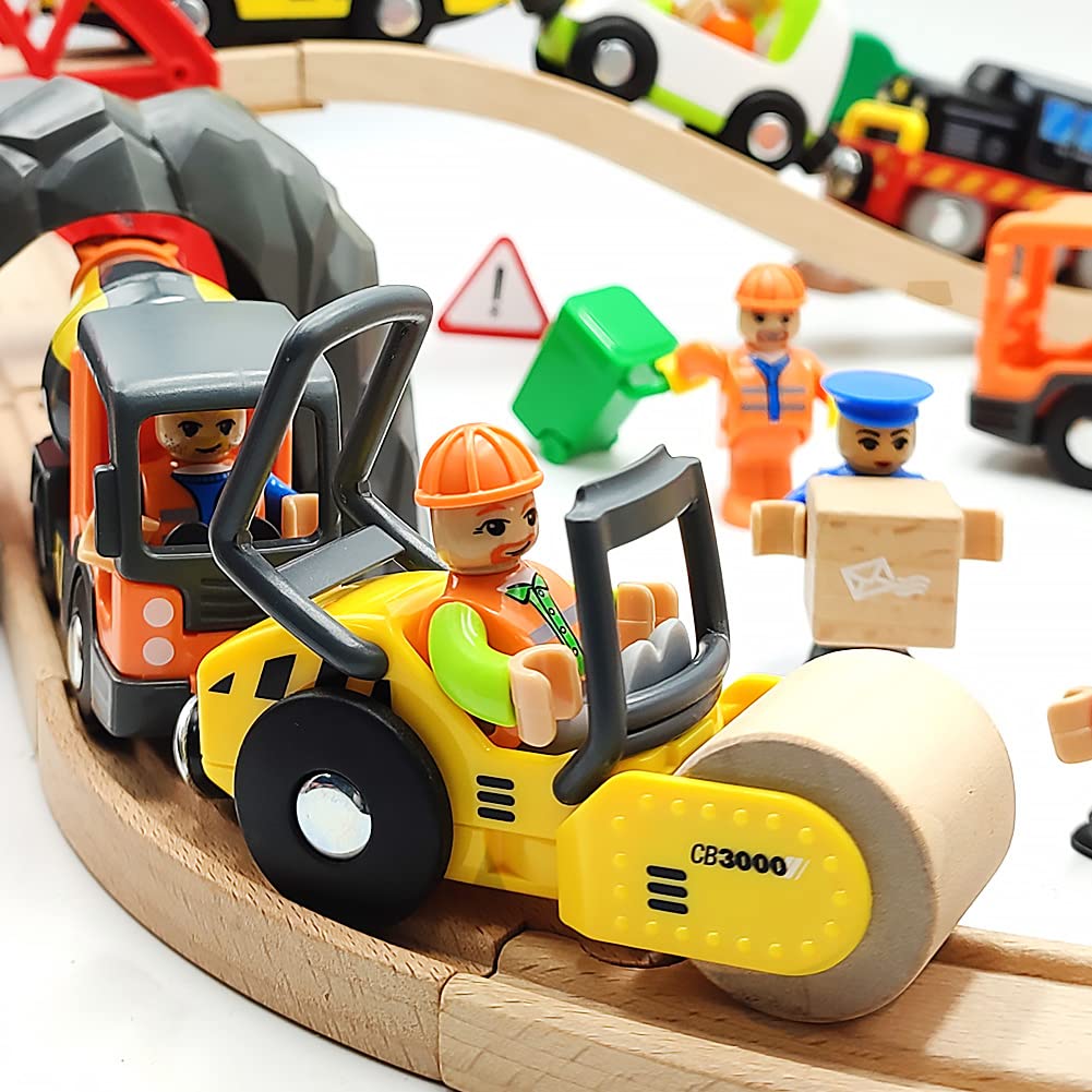 DSHMIXIA Wooden Train Accessories Engineering Set – Rescue Roller Truck & Mix Truck with Figures, Magnetic Couplings for Major Track Brands