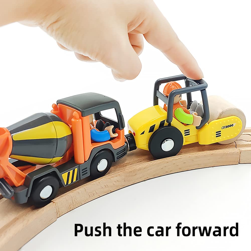 DSHMIXIA Wooden Train Accessories Engineering Set – Rescue Roller Truck & Mix Truck with Figures, Magnetic Couplings for Major Track Brands