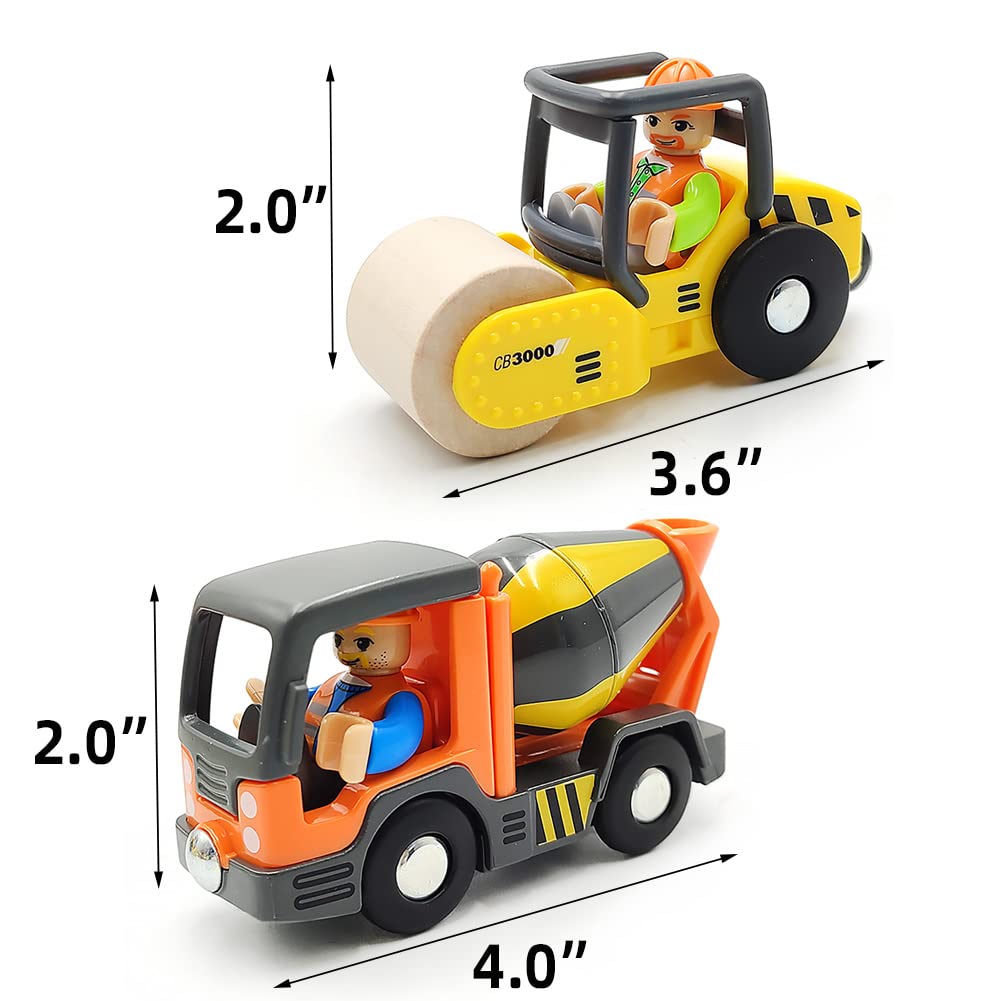 DSHMIXIA Wooden Train Accessories Engineering Set – Rescue Roller Truck & Mix Truck with Figures, Magnetic Couplings for Major Track Brands