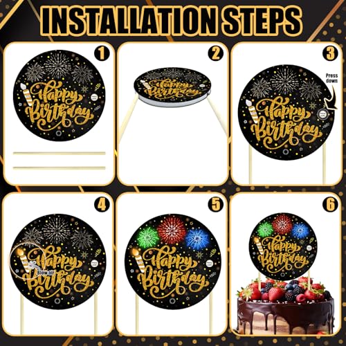 DTESL Black Gold Birthday Cake Topper with Light, Music & Blowable Fireworks – Plays 'Happy Birthday' Song