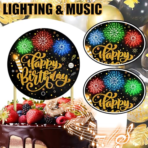 DTESL Black Gold Birthday Cake Topper with Light, Music & Blowable Fireworks – Plays 'Happy Birthday' Song