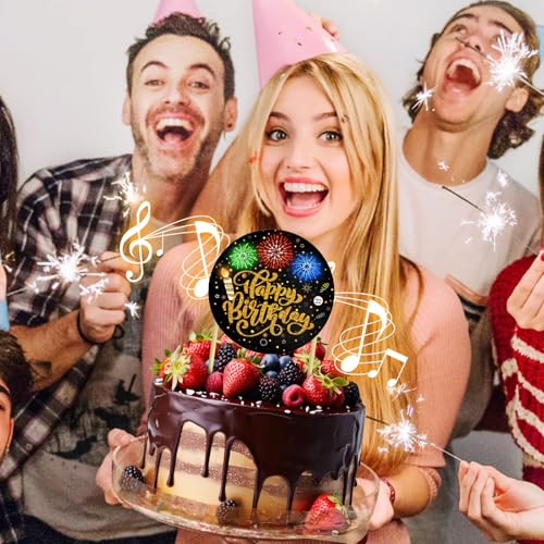 DTESL Black Gold Birthday Cake Topper with Light, Music & Blowable Fireworks – Plays 'Happy Birthday' Song
