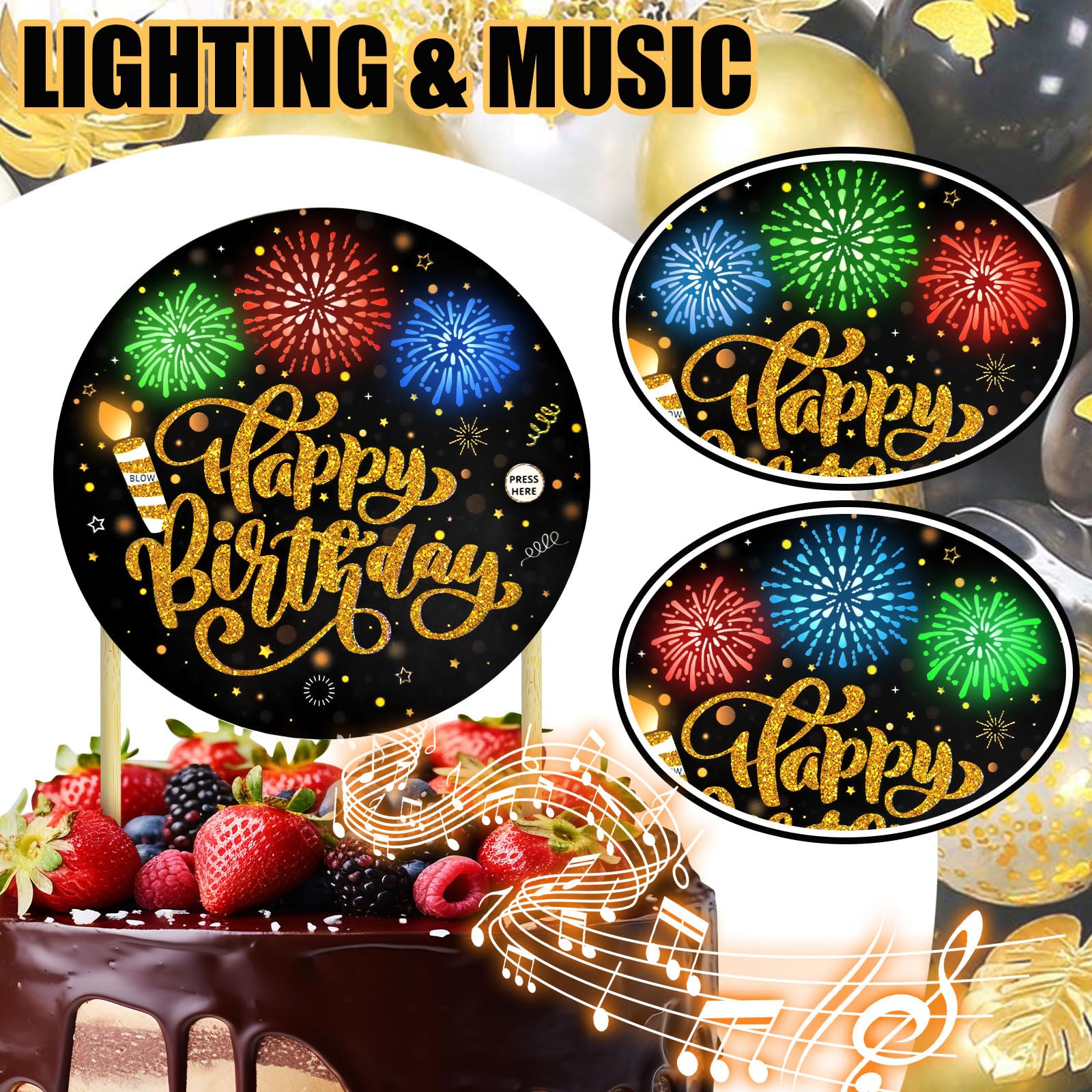 DTESL Black Gold Birthday Cake Topper with Light, Music & Blowable Fireworks – Plays 'Happy Birthday' Song