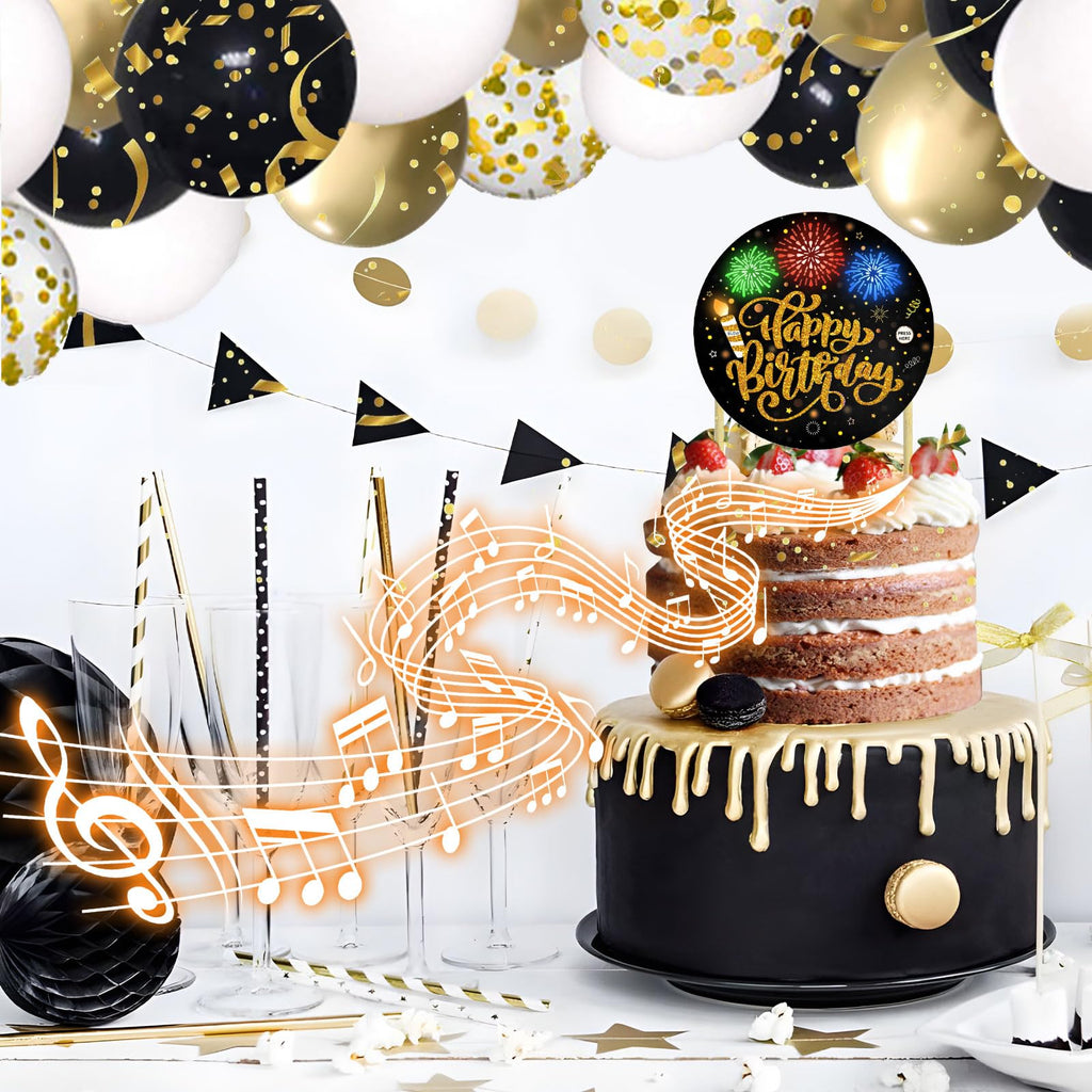 DTESL Black Gold Birthday Cake Topper with Light, Music & Blowable Fireworks – Plays 'Happy Birthday' Song