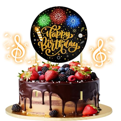 DTESL Black Gold Birthday Cake Topper with Light, Music & Blowable Fireworks – Plays 'Happy Birthday' Song