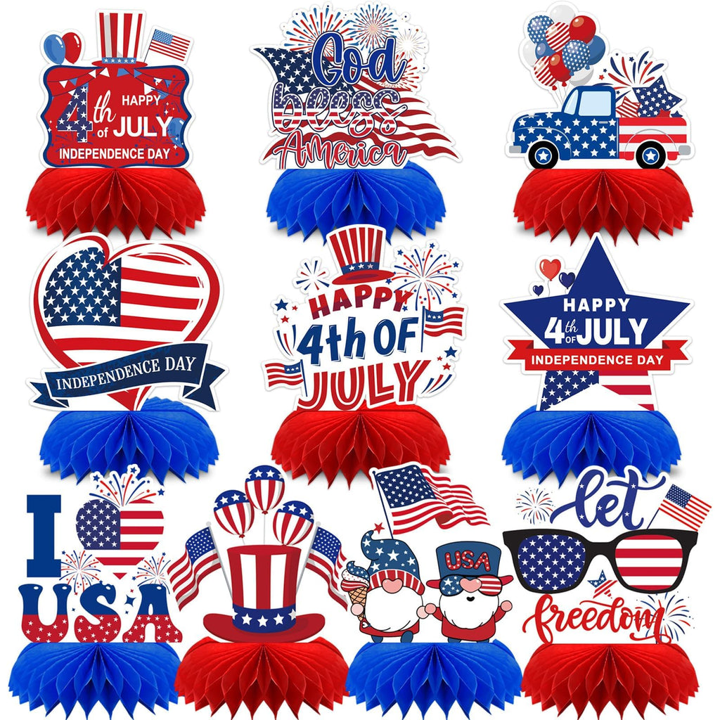 DTOFOOT 10-Piece Patriotic Honeycomb Centerpieces for 4th of July Table Decorations - Red, White & Blue 3D Designs with Gnome, Flags, Stars & Balloons