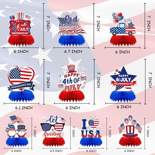 DTOFOOT 10-Piece Patriotic Honeycomb Centerpieces for 4th of July Table Decorations - Red, White & Blue 3D Designs with Gnome, Flags, Stars & Balloons