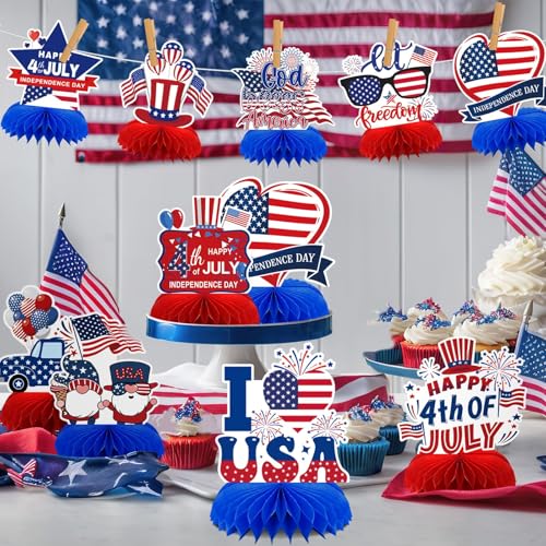 DTOFOOT 10-Piece Patriotic Honeycomb Centerpieces for 4th of July Table Decorations - Red, White & Blue 3D Designs with Gnome, Flags, Stars & Balloons