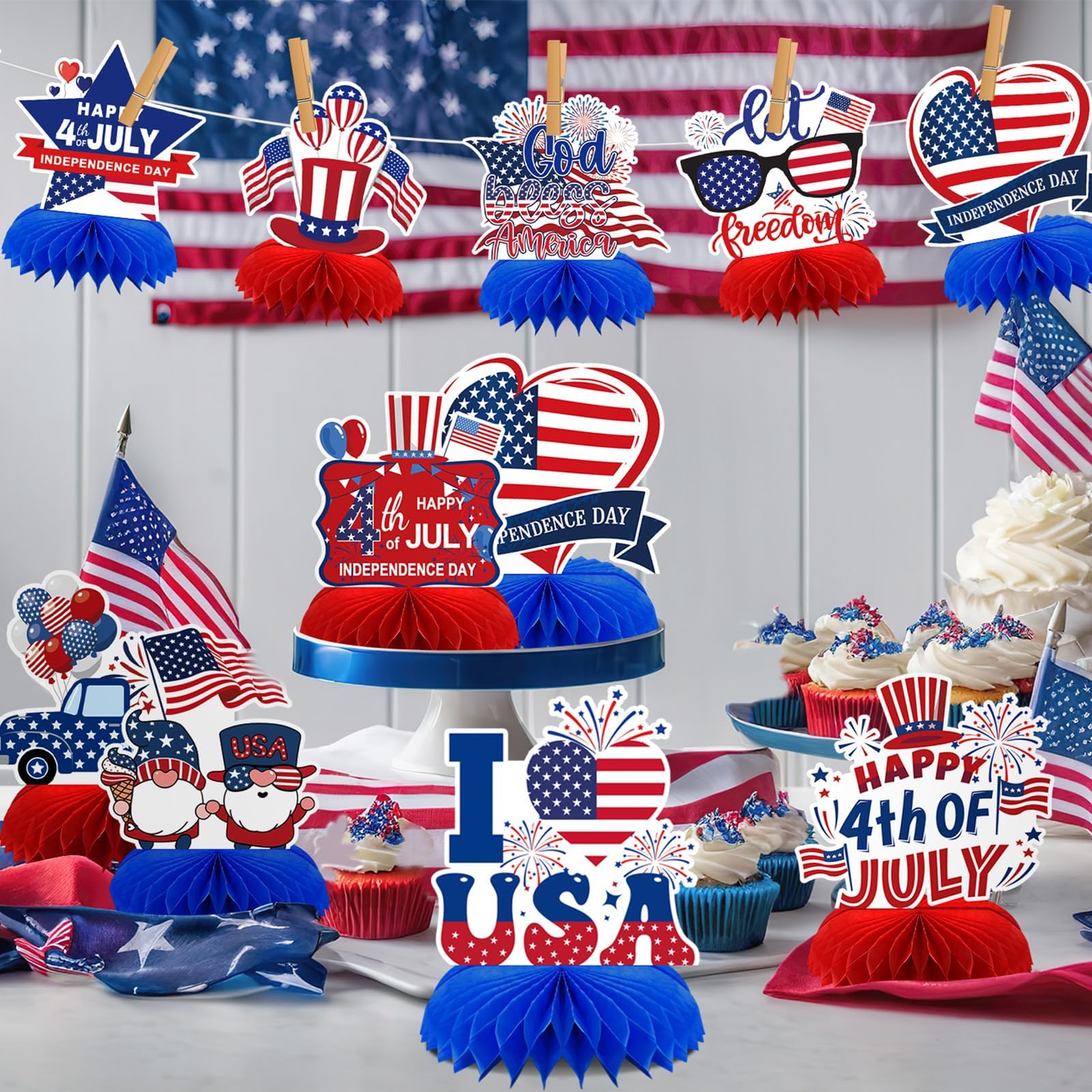 DTOFOOT 10-Piece Patriotic Honeycomb Centerpieces for 4th of July Table Decorations - Red, White & Blue 3D Designs with Gnome, Flags, Stars & Balloons