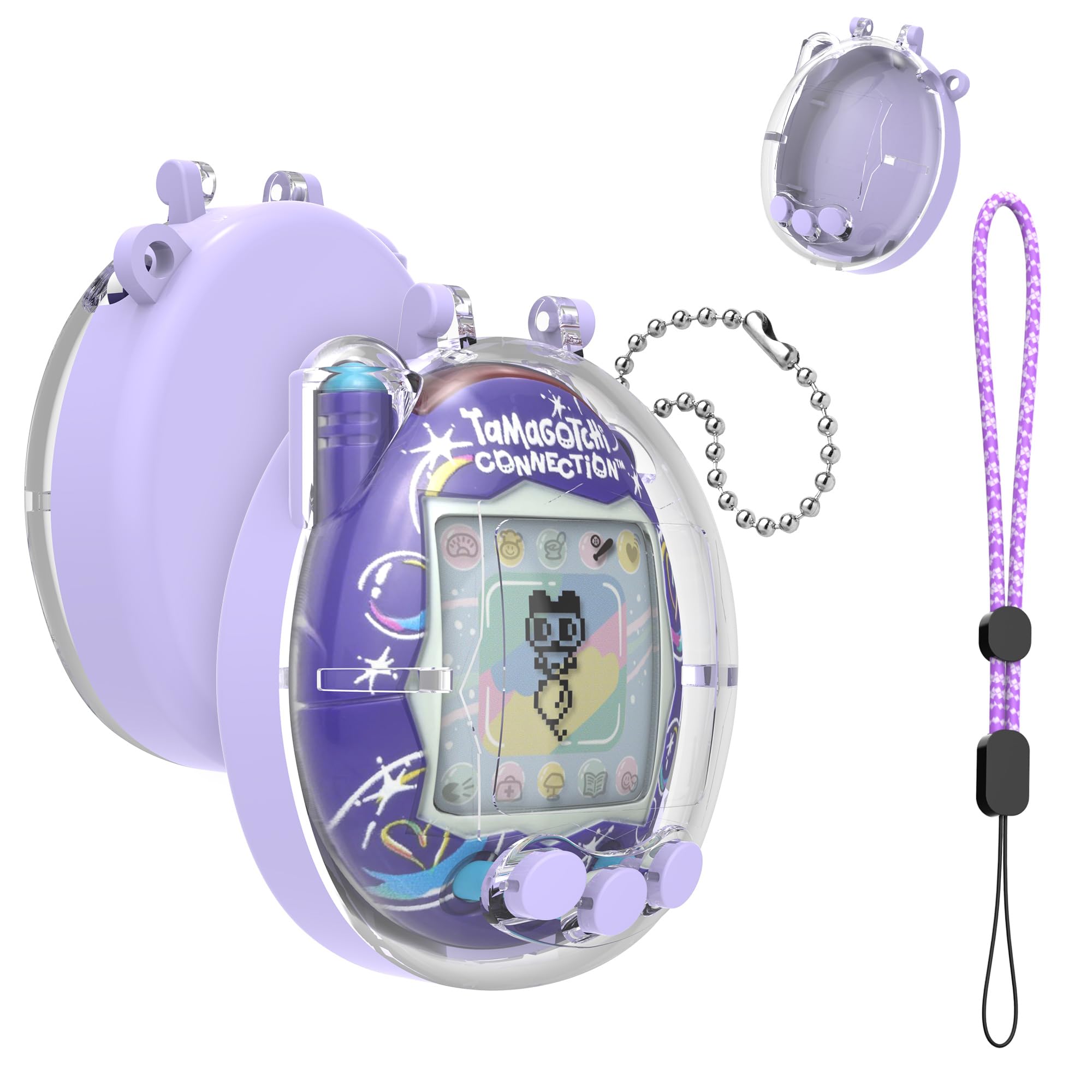 Dual-Color Hard Case with Lanyard for Tamagotchi Connection V3 – Clear Protective Cover with Built-In Screen Guard