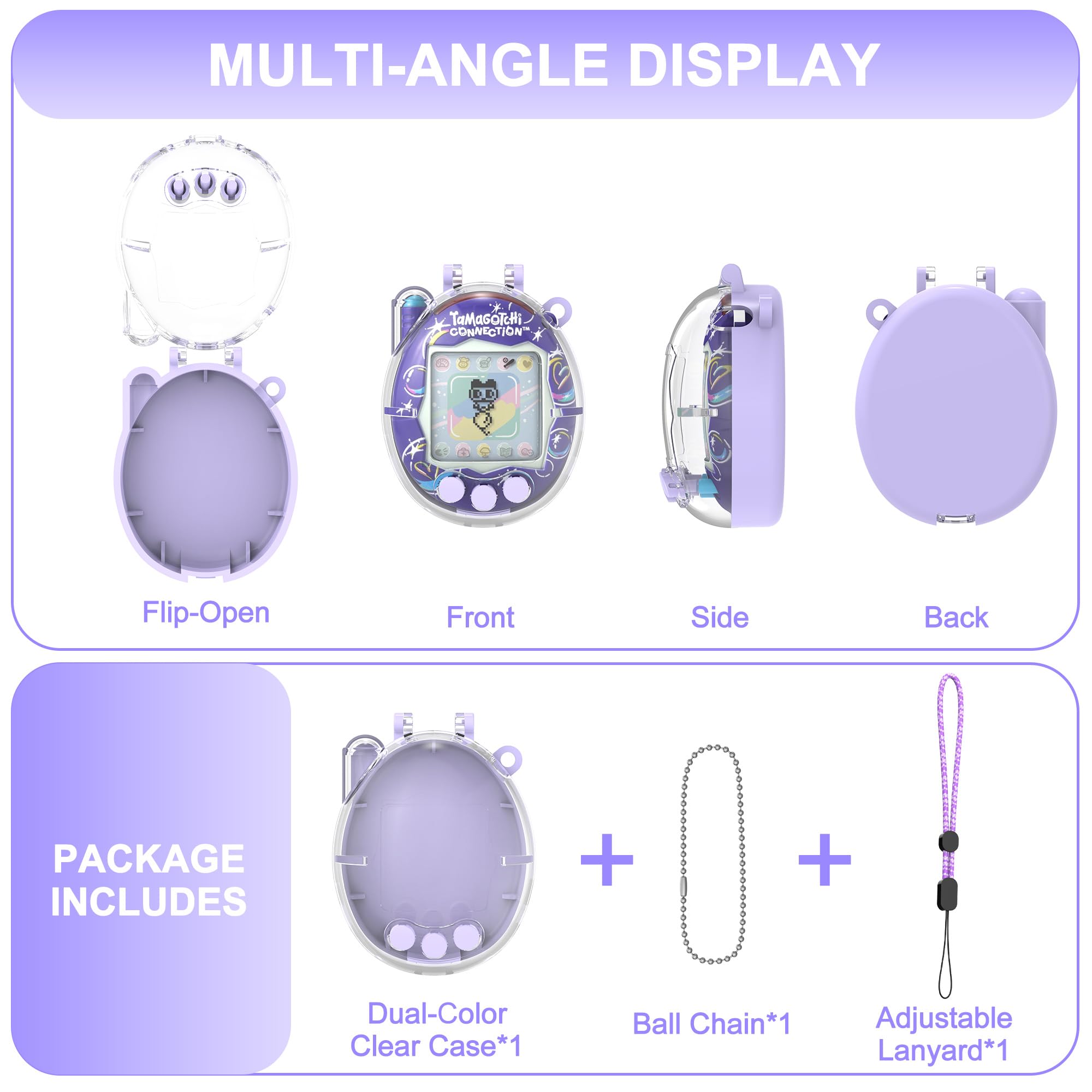 Dual-Color Hard Case with Lanyard for Tamagotchi Connection V3 – Clear Protective Cover with Built-In Screen Guard