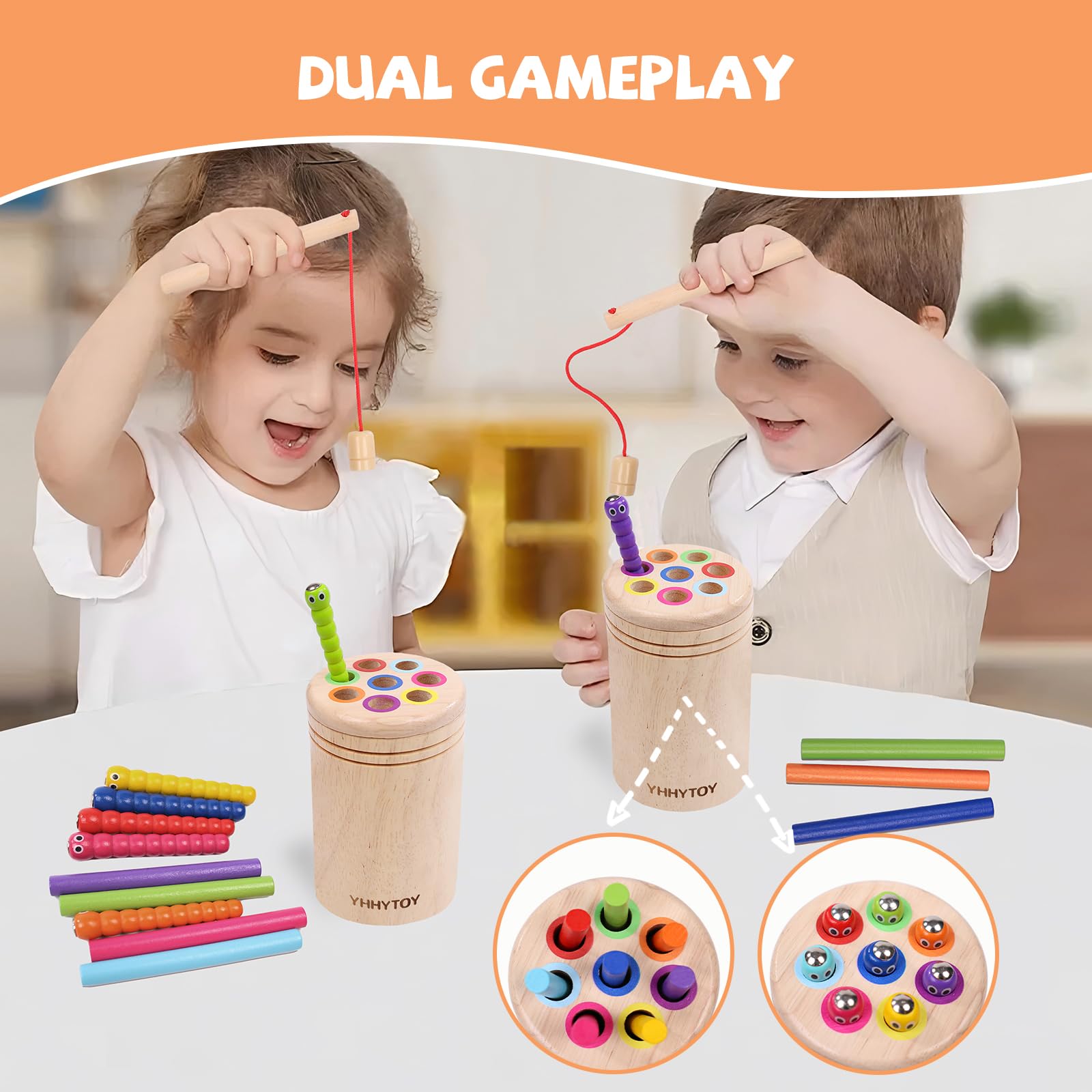 Dual Gameplay Montessori Toy for 2-4 Year Olds: Magnetic Color Sorting & Fishing, Beechwood Fine Motor Skills Game