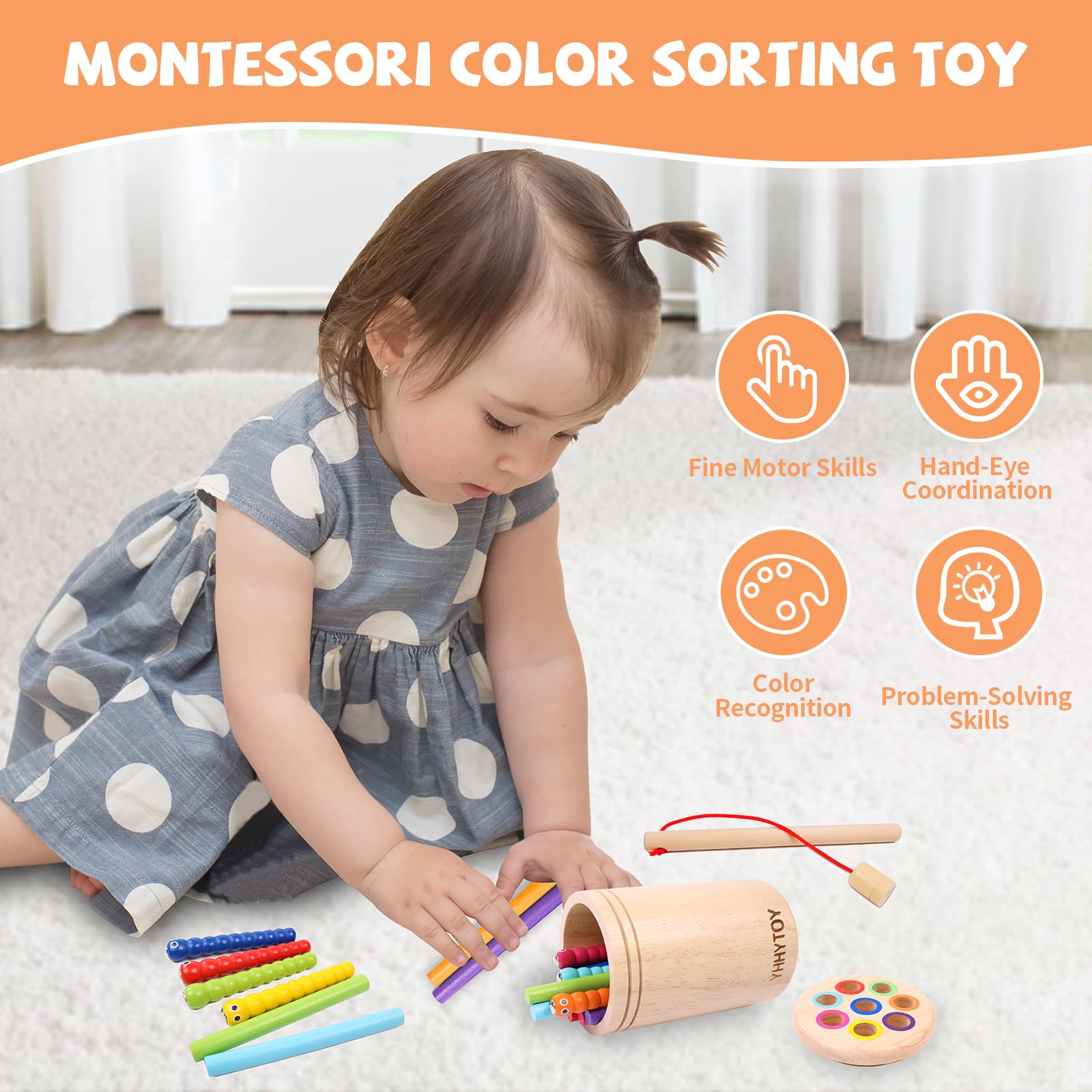 Dual Gameplay Montessori Toy for 2-4 Year Olds: Magnetic Color Sorting & Fishing, Beechwood Fine Motor Skills Game