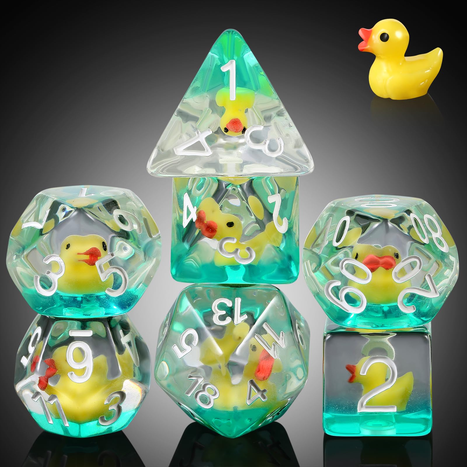 Duck DND Dice Set - 7 Pcs Polyhedral Resin Dice with Gold Numbers and Velvet Bag